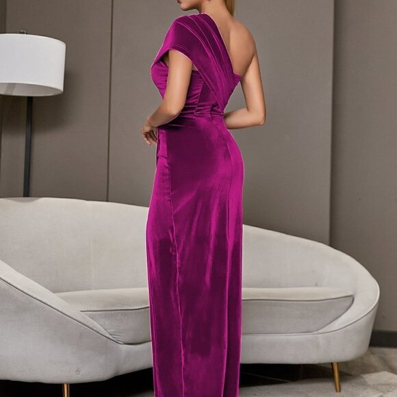 Hot Pink Preppy Womens One Shoulder Split Thigh High Waist Wrap Cocktail Dress - Picture 2 of 5